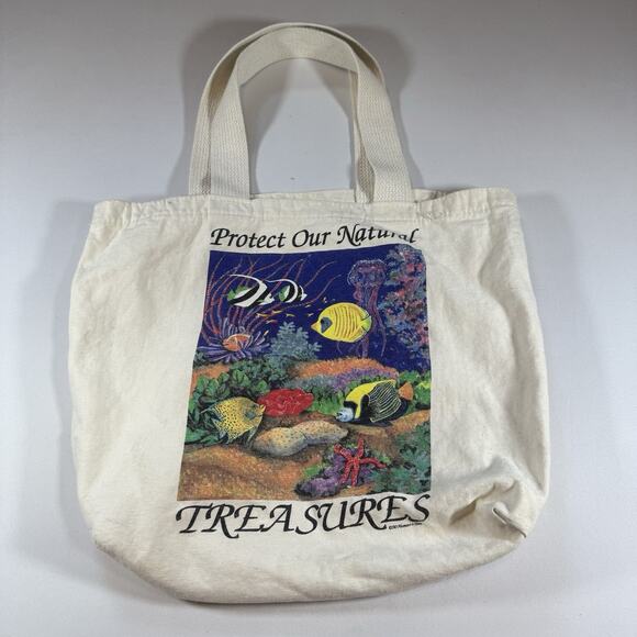 Vintage 90s Sea life Fish Ocean Eco Friendly Printed Canvas Tote Bag - Cream OS - Picture 1 of 10